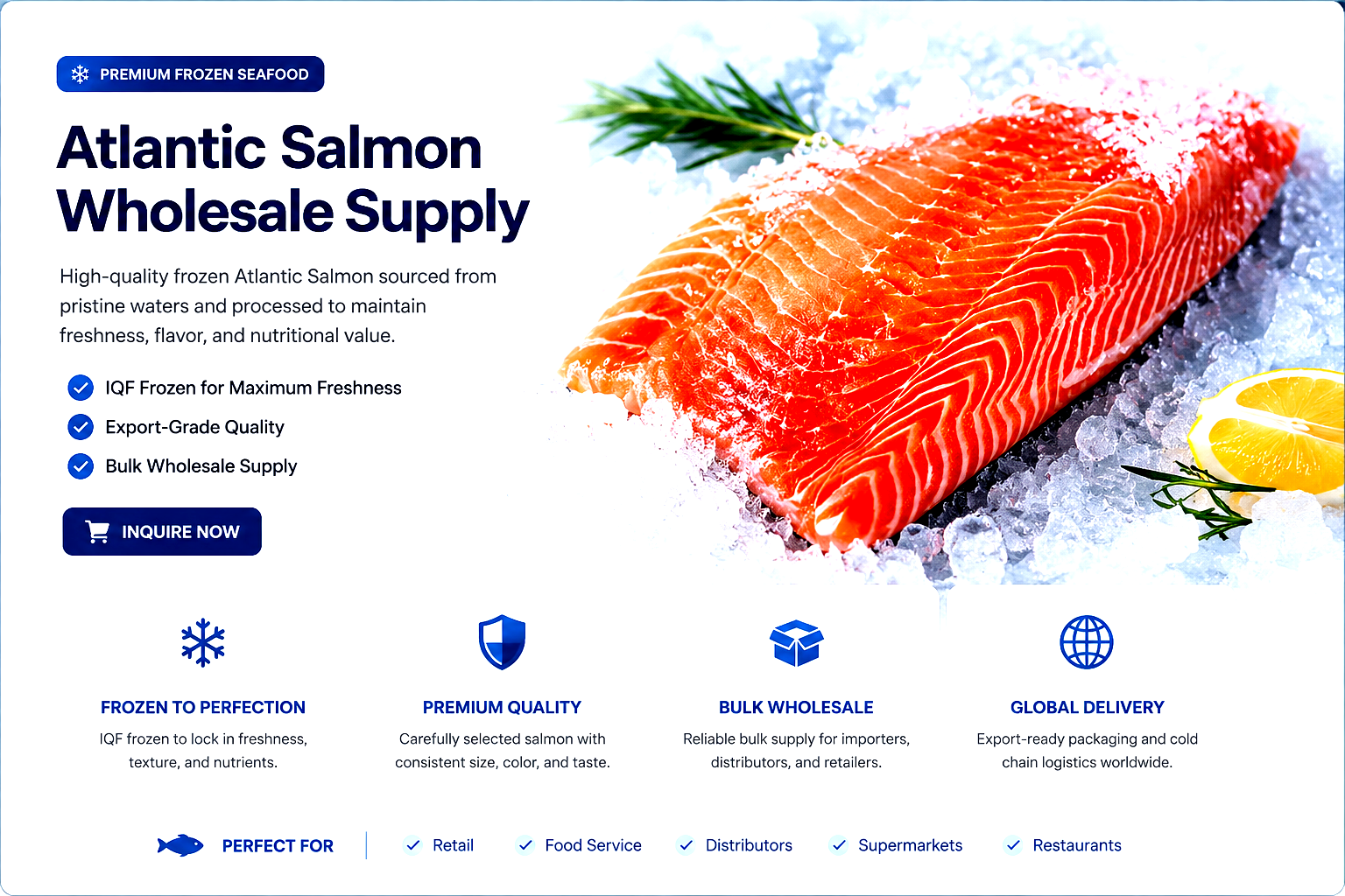 Premium frozen Atlantic salmon fillets prepared for wholesale seafood buyers, distributors, restaurants, and export supply.